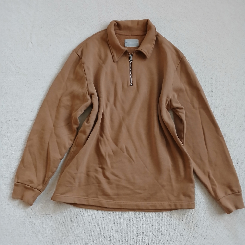 everlane organic cotton cozy track quarter zip pullover minimal retro brown med